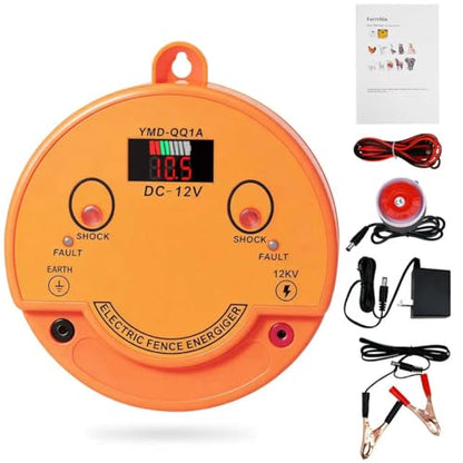 2.5J Electric Fence Charger, DC 12V / AC 110V-240V, 12kV Output Voltage, Covers up to 6.2 Miles (10 km). Supports Solar, Battery and AC Power Supply. Equipped with a Display Screen and Alarm Function.