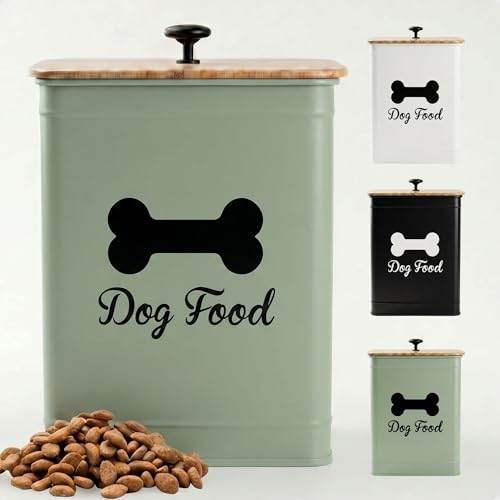 Metal Dog Food Container 5-7lb, 25 Cup w/ Airtight Bamboo Lid, Metal Handle - color: Sage Green: Bone