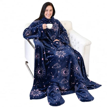 Catalonia Wearable Blanket with Sleeves & Foot Pocket for Adults - color: Astrology Navy, size: Fleece