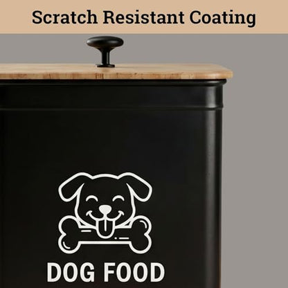 Metal Dog Food Container 5-7lb, 25 Cup w/ Airtight Bamboo Lid, Metal Handle - color: Black: Dog Face