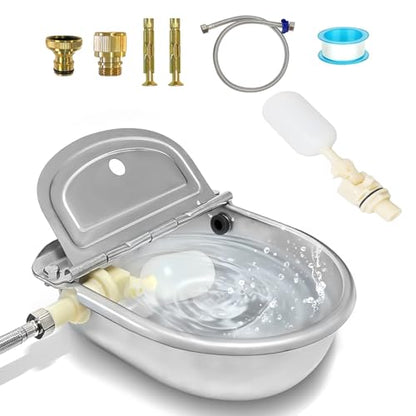 Automatic Water Dispenser for Dogs,304 Stainless Steel Float Valve Pet Bowl | Self-Filling, Wall Mounted, 2.5L Capacity, Drain Plug for Easy Clean, for Large Dogs Chickens Horses, Yard Farm Outdoor Use