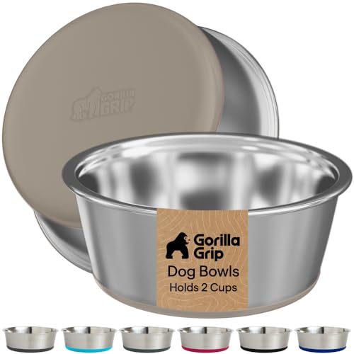 GORILLA GRIP Dog Bowls, Food Grade Stainless Steel, Set of 2, 2 Cup, Beige | 304 Stainless Steel Pet Feeding Bowls Hold 16 fl oz Each, Dishwasher Safe, Rust Resistant, BPA Free Rubber Base - color: Beige, size: 2 Cup (16 Oz)