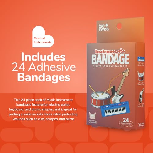 BioSwiss Bandages, Musical Instruments Shaped Self Adhesive Bandage Set, Latex Free, Sterile Wound Care, 24 Count - color: Musical Instruments, size: 24-Count Box