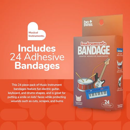 BioSwiss Bandages, Musical Instruments Shaped Self Adhesive Bandage Set, Latex Free, Sterile Wound Care, 24 Count - color: Musical Instruments, size: 24-Count Box