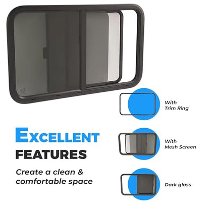 HECASA 35" W X 22" H RV Window Teardrop Horizontal Slide RV Window W/Trim Ring & Net Screen Fit for 1-1/2" Wall Cargo Travel Trailer, Camper, Cargo Van - size: 35" W x 22" H