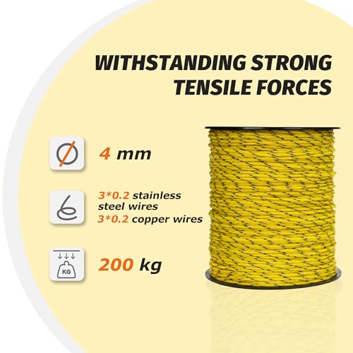 1312 Ft Electric Fence Polywire, 4 mm Highly Conductive 6 Strands, Yellow | 3x0.2mm steel&3x0.2mm copper, 200kg, Fits any reel for horses, Farm, Goat, 4X high conductivity, rustproof, High visibility - color: Yellow