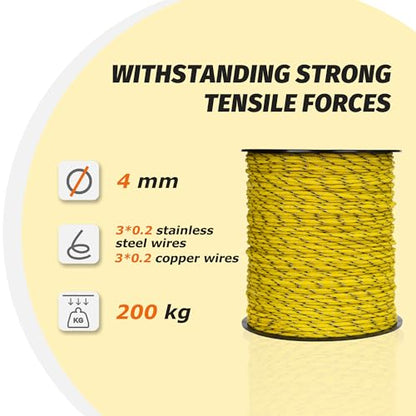 1312 Ft Electric Fence Polywire, 4 mm Highly Conductive 6 Strands, Yellow | 3x0.2mm steel&3x0.2mm copper, 200kg, Fits any reel for horses, Farm, Goat, 4X high conductivity, rustproof, High visibility - color: Yellow