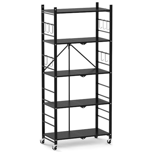 Himix 5-Tier Foldable Storage Shelves with 20 Hooks Wheels Kitchen Black - color: Black, size: 5-Tier