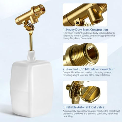 3/8" Water Float Valve, Heavy Duty Brass Automatic Water Level Controller for Pool, Pond, Livestock Tank & Auto-Fill System – Adjustable Float Arm & Tool-Free Wingnut, 125 PSI (2.25 GPM)