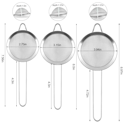 3 Pack Fine Mesh Strainer, Small Stainless Steel Sieves with Handles, for Steeping Loose Leaf Tea, Straining Cocktail, Juice and Sifting Flour, Powdered Sugar - color: 3pcs