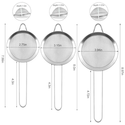 3 Pack Fine Mesh Strainer, Small Stainless Steel Sieves with Handles, for Steeping Loose Leaf Tea, Straining Cocktail, Juice and Sifting Flour, Powdered Sugar - color: 3pcs