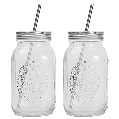 YSJILIDE Smoothie Cups, Glass Mason Drinking Jar, 24oz Smoothie Cups with Lid and Stainless Steel Straw, Drinking Mugs, Tea Cup Travel Mug, Ideal for Juice, Milk (Pack Of 2, Clear) - color: WHITE2