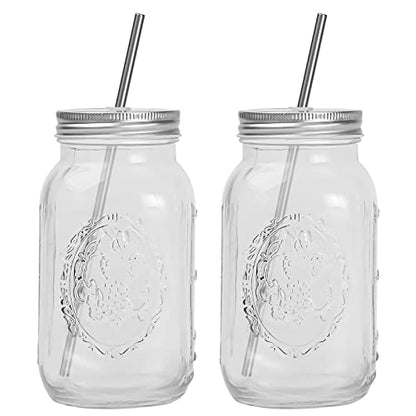 YSJILIDE Smoothie Cups, Glass Mason Drinking Jar, 24oz Smoothie Cups with Lid and Stainless Steel Straw, Drinking Mugs, Tea Cup Travel Mug, Ideal for Juice, Milk (Pack Of 2, Clear) - color: WHITE2