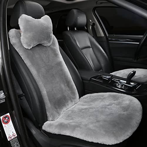 OGLAND Fuzzy Sheepskin Car Seat Cover for Soft Fur Fluffy Auto Wool Cushion - color: Misty Gray