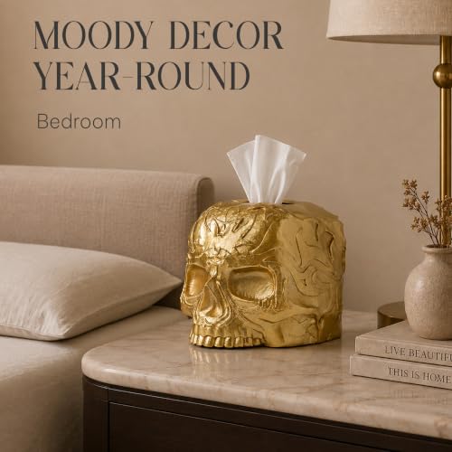 Gothic Skull Tissue Box Cover, Gold, Square by Death Decor - color: Gold