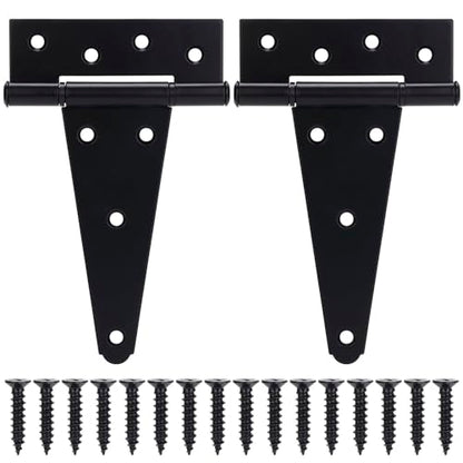 6 Inch T-Strap Gate Hinges, Shed Barn Door Hinges Heavy Duty, Black Tee Hinges for Wooden Fences, Yard Gate, Wrought Hardware Iron Rustproof (2 Pack/Set) - size: 6 Inch