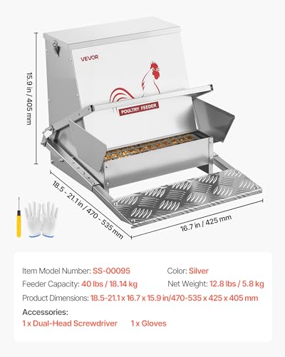 VEVOR Automatic Chicken Feeder, 40 lbs Capacity, Rainproof Treadle Poultry Feeder with Lockable Lid, No Waste, Galvanized Steel Construction, Outdoor Use, for Chicken, Bantams, Poultry, Pheasants