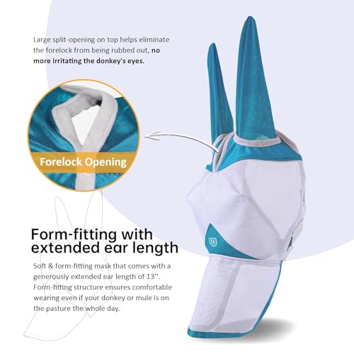 Harrison Howard Mule Donkey Fly Mask Full Face Protection with Nose Cover Sky Blue L - color: Sky Blue, size: Large