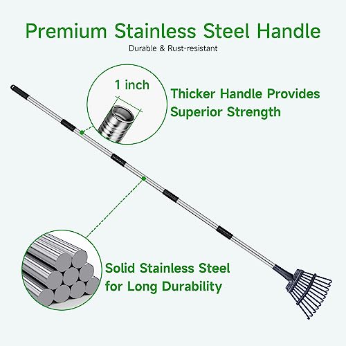 GreatBuddy Adjustable Leaf Rake, 8'' Wide Metal Rake, Perfect for Shrub, Flower Bed & Small Area, 29''- 72'' Expandable Stainless Steel Handle, Easy to Use - size: 11Tine
