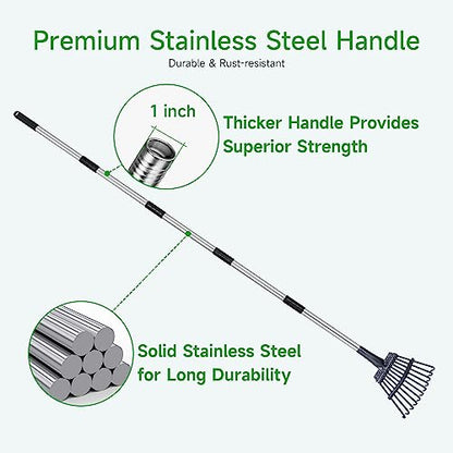 GreatBuddy Adjustable Leaf Rake, 8'' Wide Metal Rake, Perfect for Shrub, Flower Bed & Small Area, 29''- 72'' Expandable Stainless Steel Handle, Easy to Use - size: 11Tine