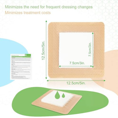 NeuHeils Silicone Super Absorbent Wound Dressing 5"x5", 10 Pack for Bedsore | Pressure Ulcers, Bedsores, Post-surgical Wounds and Cuts, Soft Gauze Island Dressing, Waterproof Bandage for Heavy Exudate - size: 5''x5'' (10 Packs)