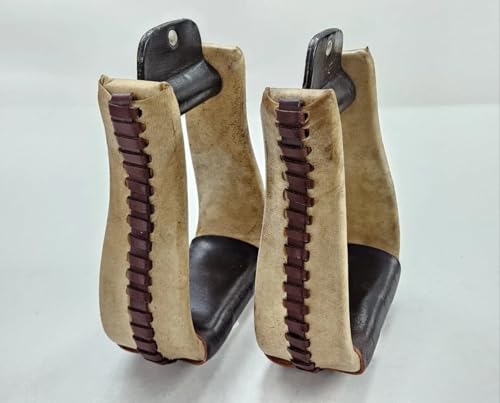 Western Rawhide Covered Horse Riding Stirrups, Pair | Wide Saddle Stirrup, 3" Neck, Leather Wrapped, Equestrian Tack