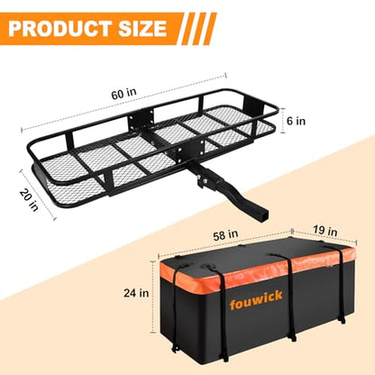 60x 20x 6 Folding Trailer Hitch Mount Cargo Carrier with 58x24x19 Waterproof Bag, Stabilizer, Net & Straps 500LBS Capacity, Powder Coating Luggage Rack Basket Car Storage, Fits 2" Receiver - color: 60x20x6 inch with Bag
