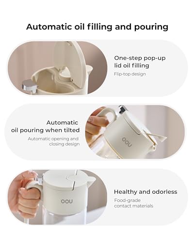 OOU B2 Oil Dispenser Bottle, 20oz/600ml Borosilicate Glass Olive Oil Bottle with One-Step Pop-Up Lid, One-Hand Pour Control, Leak-Resistant Silicone Seal, Stainless Steel Spout & 304 Filter, Off-White