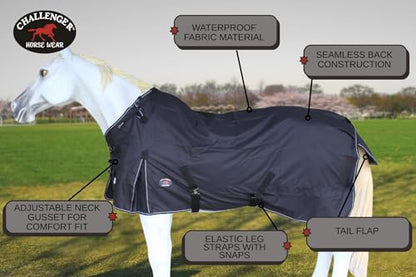 Challenger 1200D Turnout Rain Horse Sheet Light Winter Blanket Gusset 363G - color: Black Black-White Trim, size: 78"