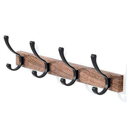 17 Inch Black Walnut Wood Wall Mounted Coat Rack with 4 Black Double Hooks, Adhesive Mounted Entryway Hooks, Modern Natural Wooden Pegs for Hanging Coat Clothes Hat Bag Purse Key and Towel - color: Coat Rack with 4 Double Hooks