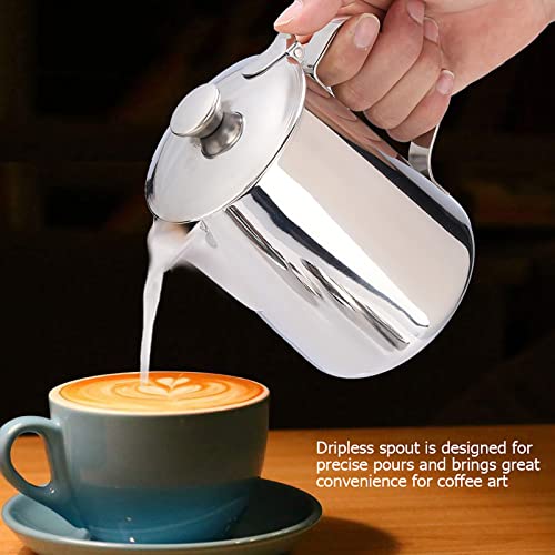 Stainless Steel Pitcher, 350ml Milk Pitcher with Lid，Stainless Steel Coffee Cup Mug Milk Frothing Jug for Latte Coffee Art for Office Kitchen (4.13in Height) - size: 11.8 Ounces