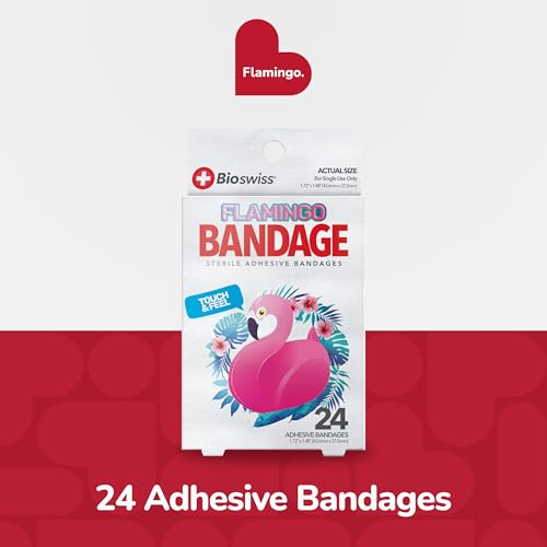 BioSwiss Bandages, Flamingo Shaped Self Adhesive Bandage Set, Latex Free, Sterile Wound Care, 24 Count - size: 24-Count Box, style: Flamingo