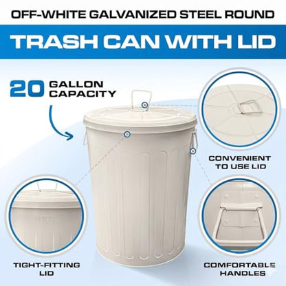 Plexon 20 Gallon Metal Trash Can with Lid Outdoor Large Trash Bin Steel Garbage Can for Garage Patio Farmhouse Bucket Bird Seed Storage Can Heavy Duty Round Container, Off-White - color: Off-White