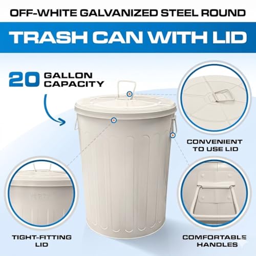 Plexon 20 Gallon Metal Trash Can with Lid Outdoor Large Trash Bin Steel Garbage Can for Garage Patio Farmhouse Bucket Bird Seed Storage Can Heavy Duty Round Container, Off-White - color: Off-White