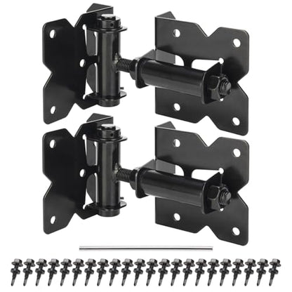 Self Closing Gate Hinges Heavy Duty for Vinyl/Wooden Fence Gates, 90 Degree Adjustable Gate Door Hinges Hardware Kit with Swing Adjuster Tool and Self-Tapping Screws, 2 Pack, Non-Weld Black Finish