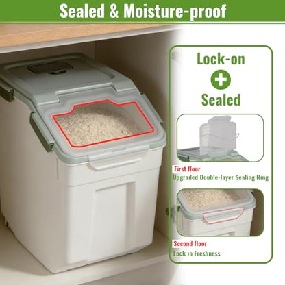2 Pack Rice Container 50 lbs Large Bulk Flour Sugar Storage Holdhouse Plastic Grain Cereal Dry Goods Bin with Spoon and Measuring Cup for Kitchen Pantry Organization - Green - color: Green