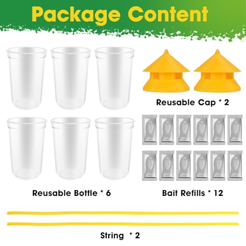 Outdoor Fly Trap, 2 Pack Reusable Hanging Fly Traps with 12 Bait Refills | Includes 12 Non-Toxic Dissolvable Bait Refills for Catching House, Barn, Filth Flies Around Patios, Yards, Farms, Ranches