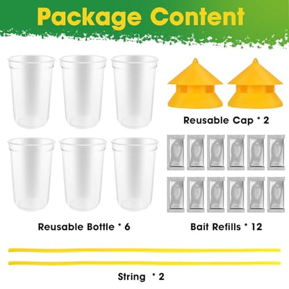 Outdoor Fly Trap, 2 Pack Reusable Hanging Fly Traps with 12 Bait Refills | Includes 12 Non-Toxic Dissolvable Bait Refills for Catching House, Barn, Filth Flies Around Patios, Yards, Farms, Ranches
