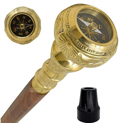 FYNJREX Travelers Compass Gentleman's Walking Stick, Fancy Cane for Women, Brass Handle and Hardwood Cane, Fold able Wooden Canes, Gift Idea