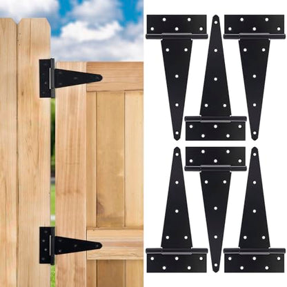 12 Inch T-Strap Gate Hinges, Shed Barn Door Hinges Heavy Duty, Black Tee Hinges for Wooden Fences, Yard Gate, Wrought Hardware Iron Rustproof (6 Pack/Set) - size: 12 Inch