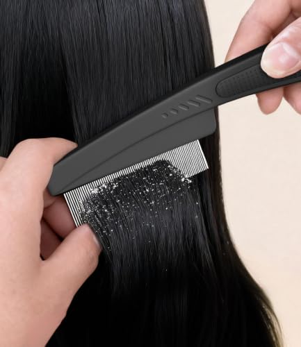 Dandruff Comb Removal 0.5mm Metal Fine Tooth Scalp Detox Hair Care Tool 1PC | Build Up Flakes Lice Comb, Stainless Steel Teeth, Self Cleaning, Scalp Massage, Anti Slip Handle, for Women Men Kids, Black - color: 1PC Black