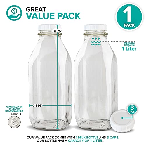 Stock Your Home Liter Glass Milk Bottle with Lid (1 Pack) 32 Oz Jugs and 3 White Caps, Reusable Food Grade Milk Container for Refrigerator, Bottles for Juice, Oat or Plant Milks, Water, Honey - size: 32oz, style: 1 Pack