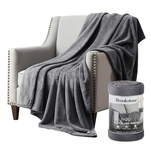 Brookstone Nap Plush Throw Blanket for Couch | Warm & Super Soft Blanket with Unmatched Heavy, Dense, and Ultra-Comfy Throw | Luxurious Drape, Cozying Up on a Sofa, Chair | Silver - color: Silver