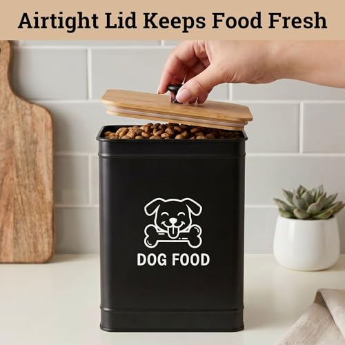 Metal Dog Food Container 5-7lb, 25 Cup w/ Airtight Bamboo Lid, Metal Handle - color: Black: Dog Face
