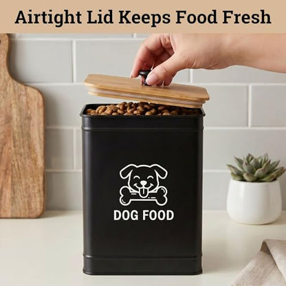 Metal Dog Food Container 5-7lb, 25 Cup w/ Airtight Bamboo Lid, Metal Handle - color: Black: Dog Face