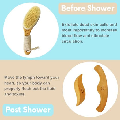 Dry Brushing Body Brush for Lymphatic Drainage with Wood Massage Tool | Vegan Dry Brush with Contoured Non-Slip Handle, Maderoterapia Gua Sha Kit for Anti-Cellulite, Body Sculpting & Sensitive Skin