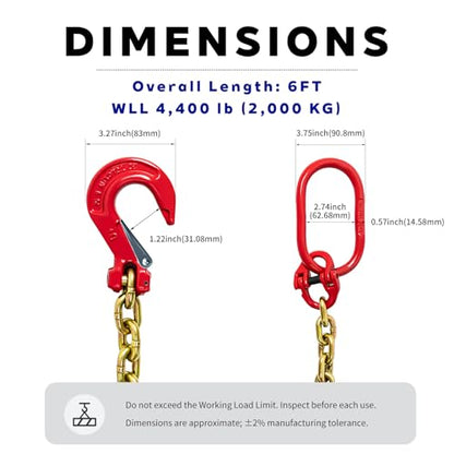 Grade 80 Single-Leg Chain Sling, 5/16 in Chain x 6 ft, WLL 4,400 lb, Oblong Master Link & Clevis Sling Hook - size: 5/16 in x 6 ft