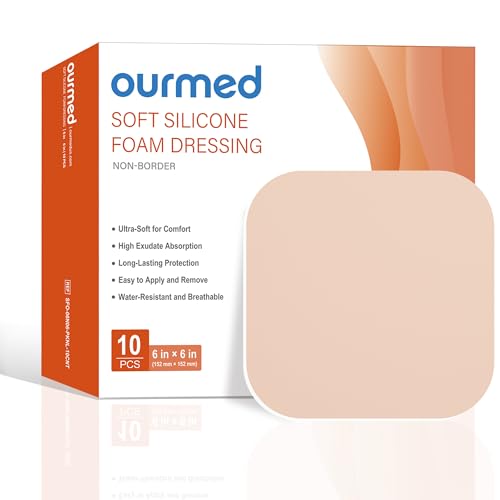 Ourmed Soft Flex Silicone Foam Dressings(6"x 6", Pack of 10) Sterile, Highly Absorbent, Waterproof, No Border, Wound Care for Bed Sores, Pressure Ulcers - size: 6x 6 Inch with no border