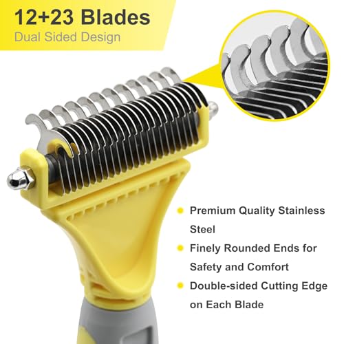 Professional Dog Brush for Shedding, Undercoat Rake for Medium and Long Haired & Double Coated Dogs, Double Sided Design with 12+23 Blades