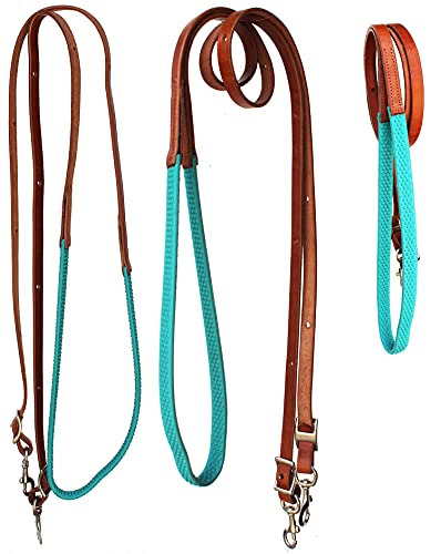 CHALLENGER Horse Western 8' Tan Leather Rubber Grip Contest Barrel Reins Black 805LR11BK - color: Tan/Teal